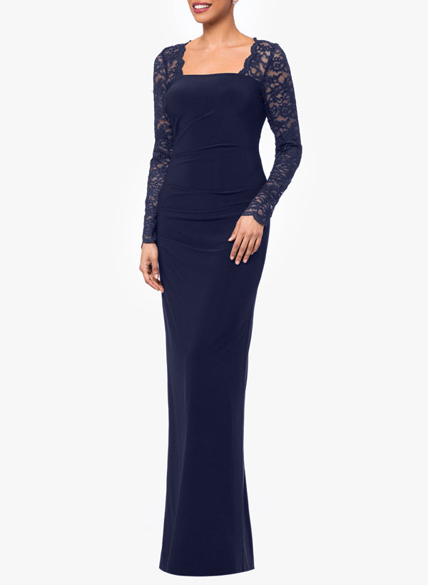 Sheath/Column Square Neck  Floor Length Long Sleeve Mother of the Bride Dresses Jersey  With Lace