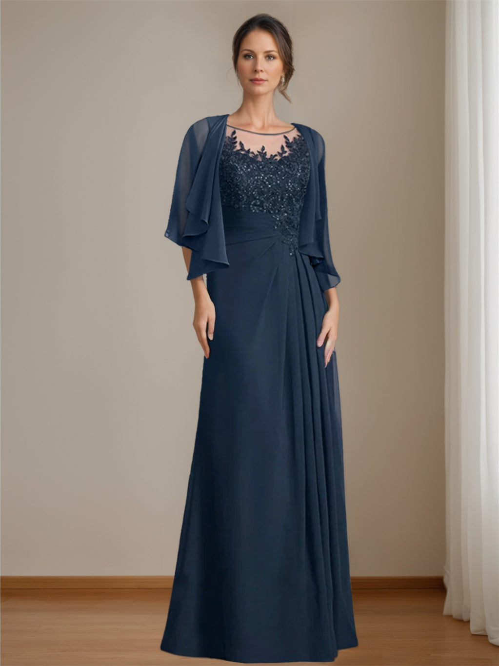 A-Line/Princess Scoop Floor-Length Mother of the Bride Dresses with Pleated & Sequins