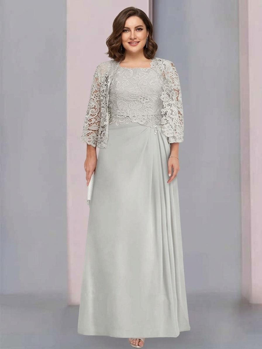 A-Line/Princess Scoop Floor-Length Plus Size Mother of the Bride Dresses with Pleated & Lace Appliques