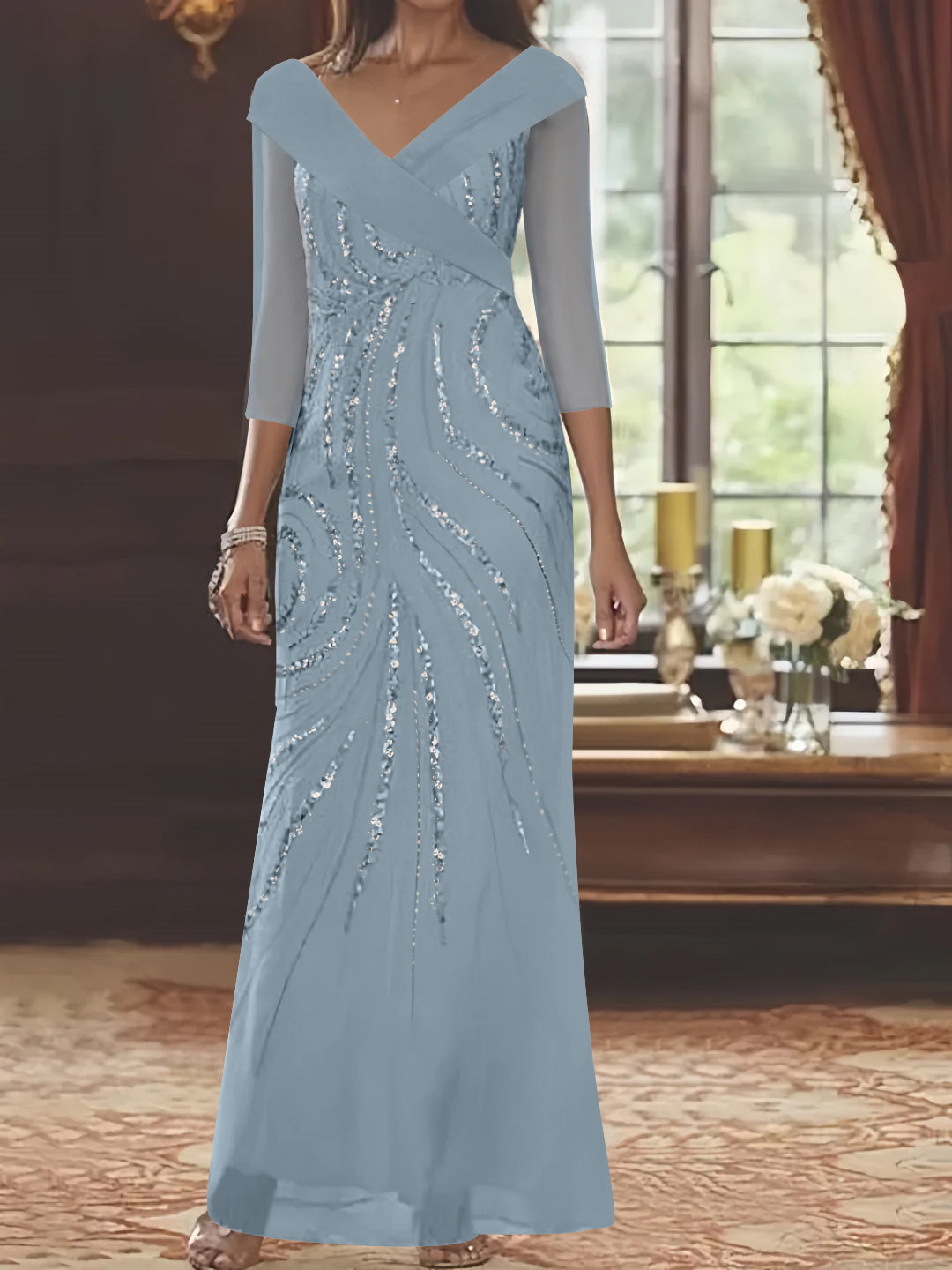 Sheath/Column V-Neck 3/4 Length Sleeve Floor-Length Mother of the Bride Dresses with Sequins