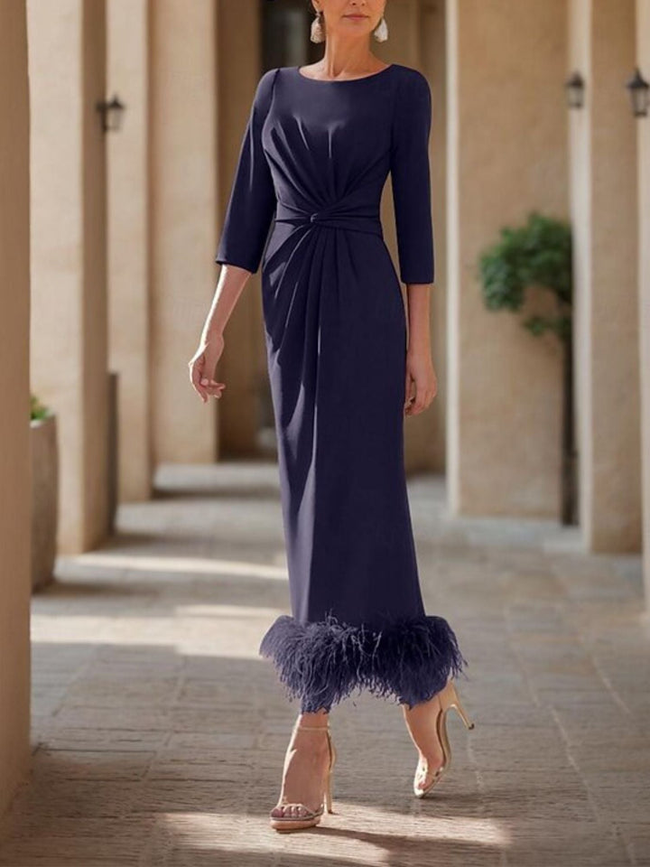 Sheath/Column Scoop Neck Ankle Length Elegant Mother of the Bride  & Groom Dresses with Feather