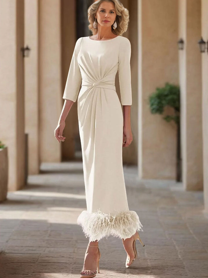 Sheath/Column Scoop Neck Ankle Length Elegant Mother of the Bride  & Groom Dresses with Feather