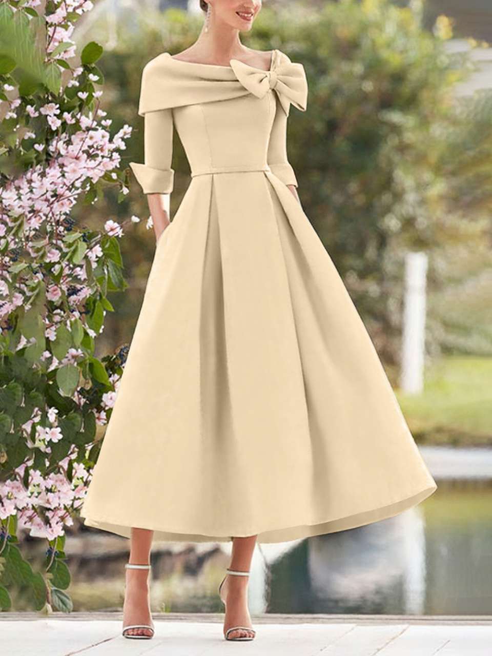 A-Line/Princess Cowl Neck Bow(s) 3/4 Sleeves Tea Length Elegant Mother of the Bride  & Groom Dresses