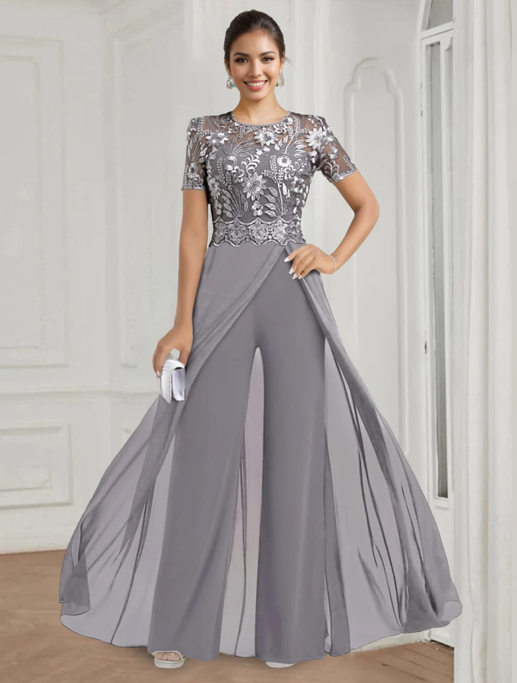 Stretch Chiffon Round Neck Short Sleeves Floor Length Mother of the Bride Pantsuits with Appliques Lace