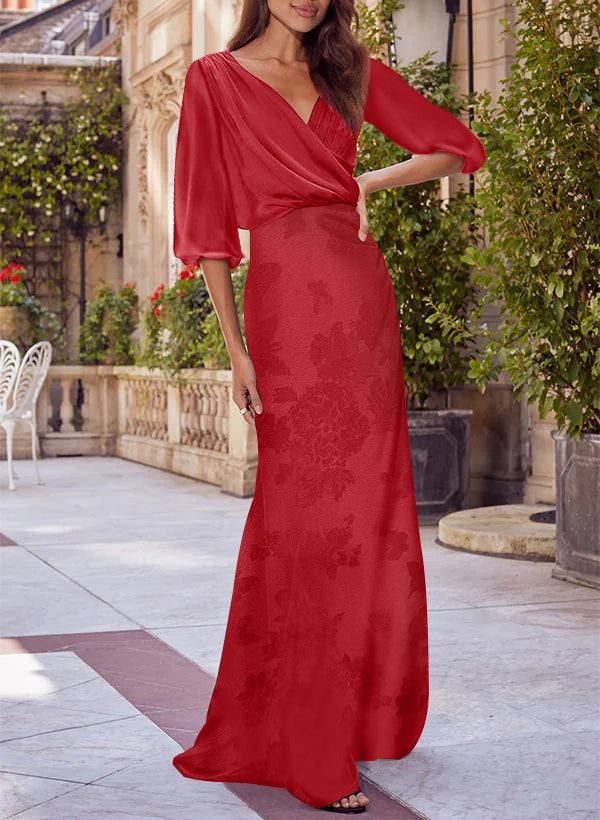 Column Floral Print V-neck Half Sleeves Red Mother of the Bride & Groom Dresses