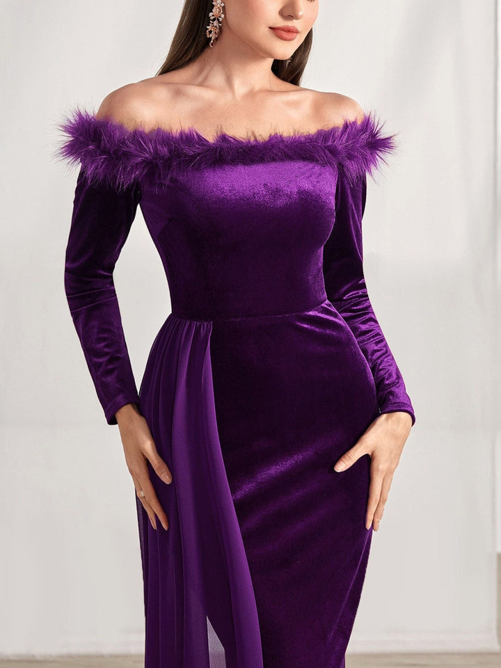 Sheath/Column Off-the-Shoulder Long Sleeves Asymmetrical Mother of the Bride & Groom Dresses with Feather