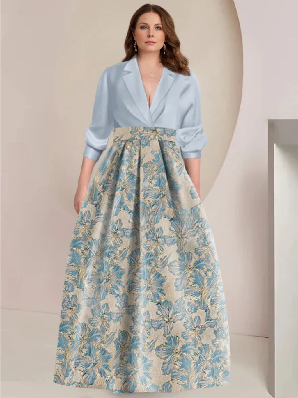 A-Line/Princess Shirt Collar 3/4 Sleeves Printed Flower Plus Size Mother of the Bride & Groom Dresses