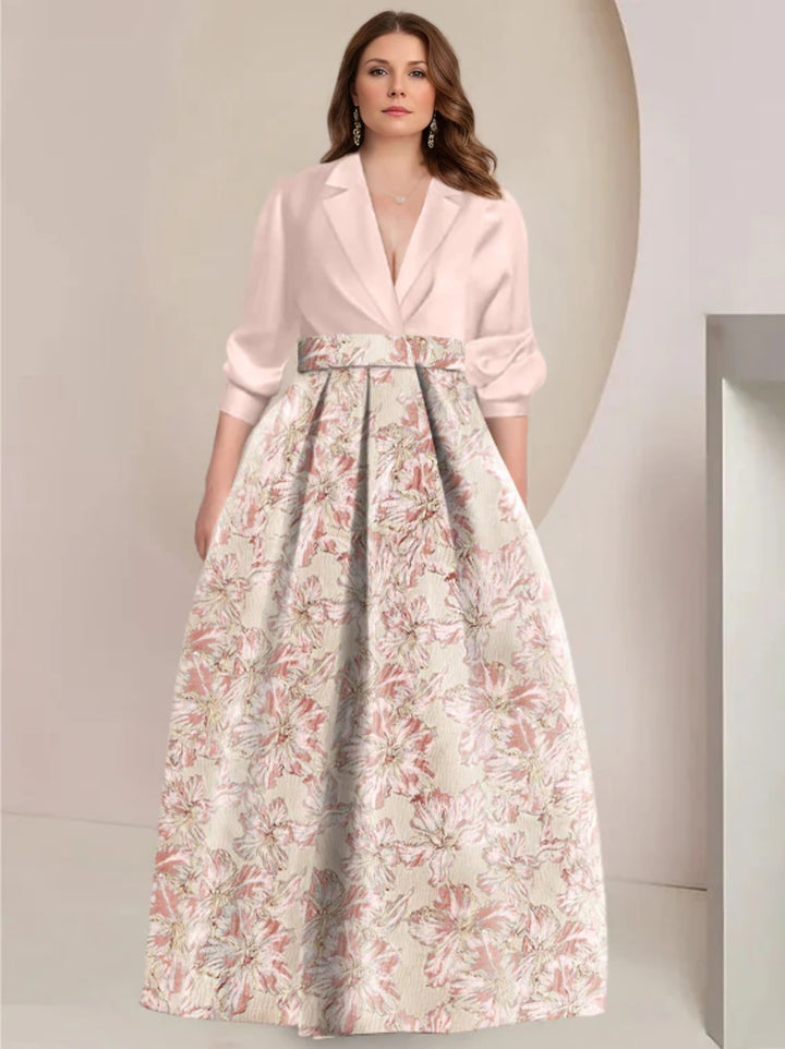 A-Line/Princess Shirt Collar 3/4 Sleeves Printed Flower Plus Size Mother of the Bride & Groom Dresses