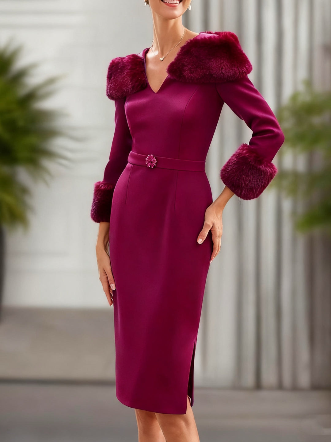 Sheath/Column V-Neck 3/4 Length Sleeves Knee-Length Unique Mother of the Bride dresses