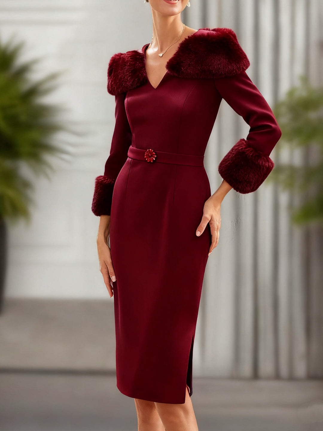 Sheath/Column V-Neck 3/4 Length Sleeves Knee-Length Unique Mother of the Bride dresses