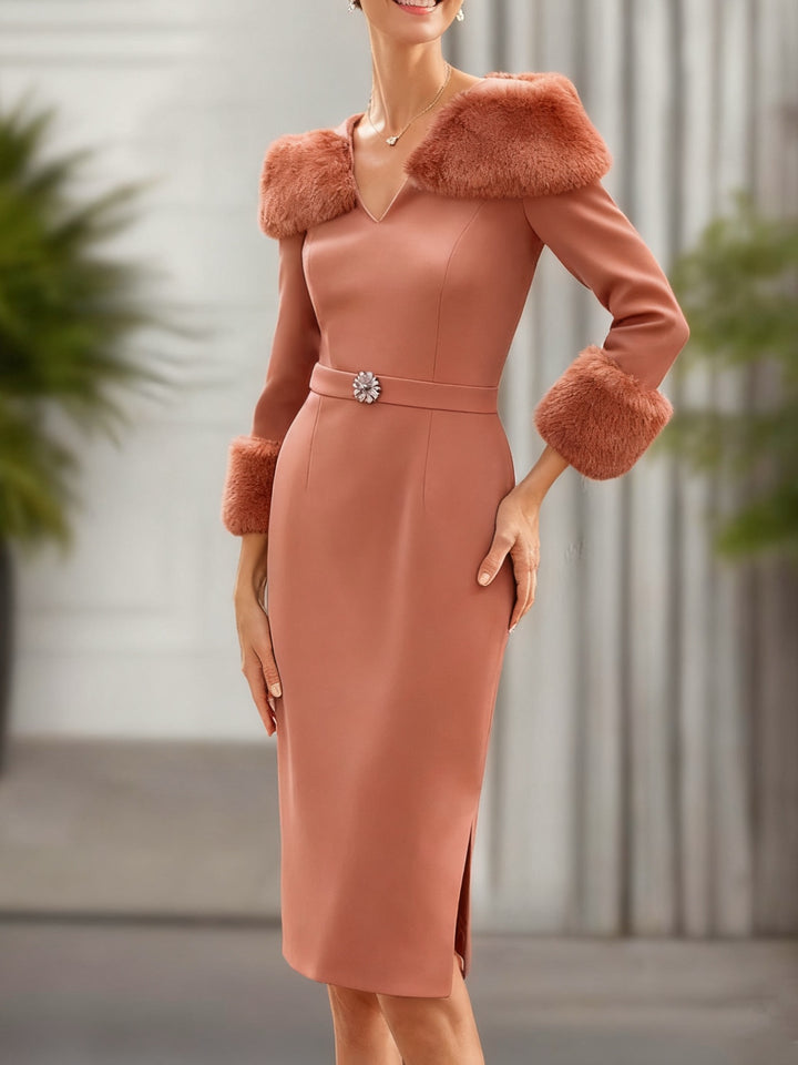 Sheath/Column V-Neck 3/4 Length Sleeves Knee-Length Unique Mother of the Bride dresses