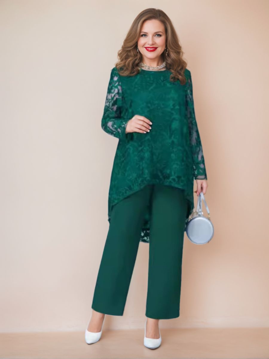 Chiffon Scoop Two Piece Plus Size Mother of the Bride Pantsuits with Appliques