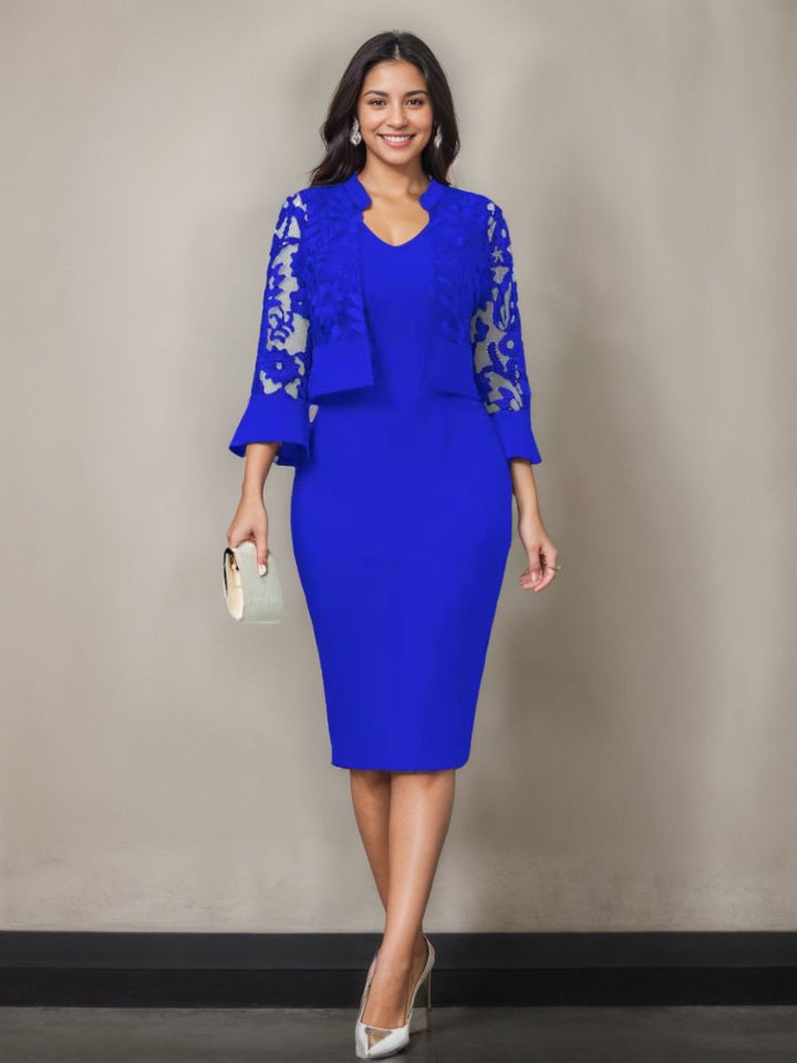 Sheath/Column V-Neck Tea-Length Mother of the Bride Dresses with Appliques & Jacket