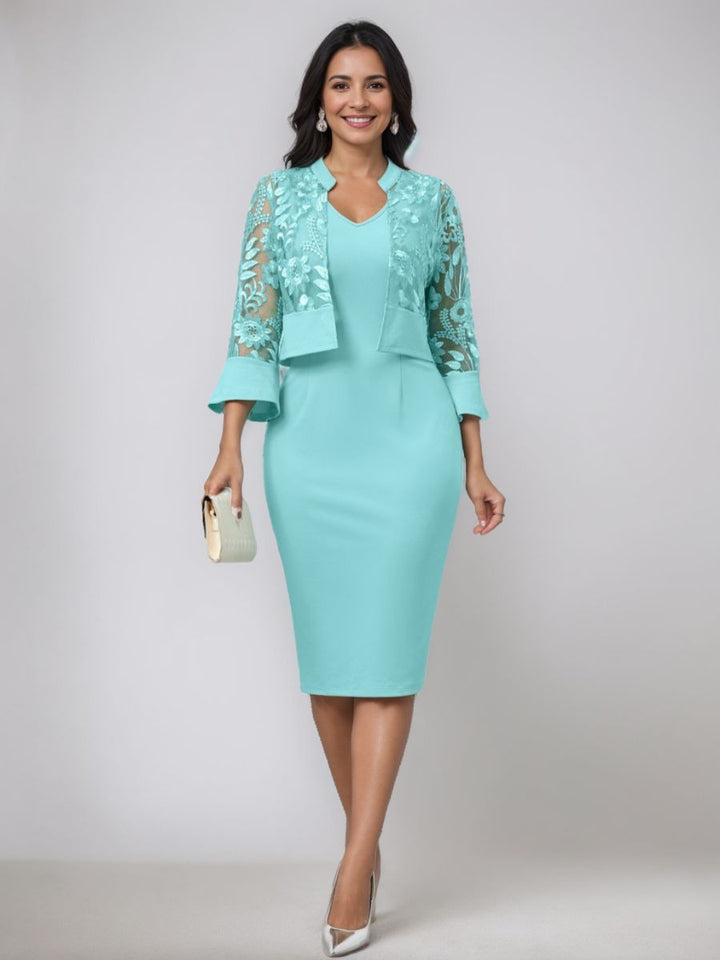 Sheath/Column V-Neck Tea-Length Mother of the Bride Dresses with Appliques & Jacket