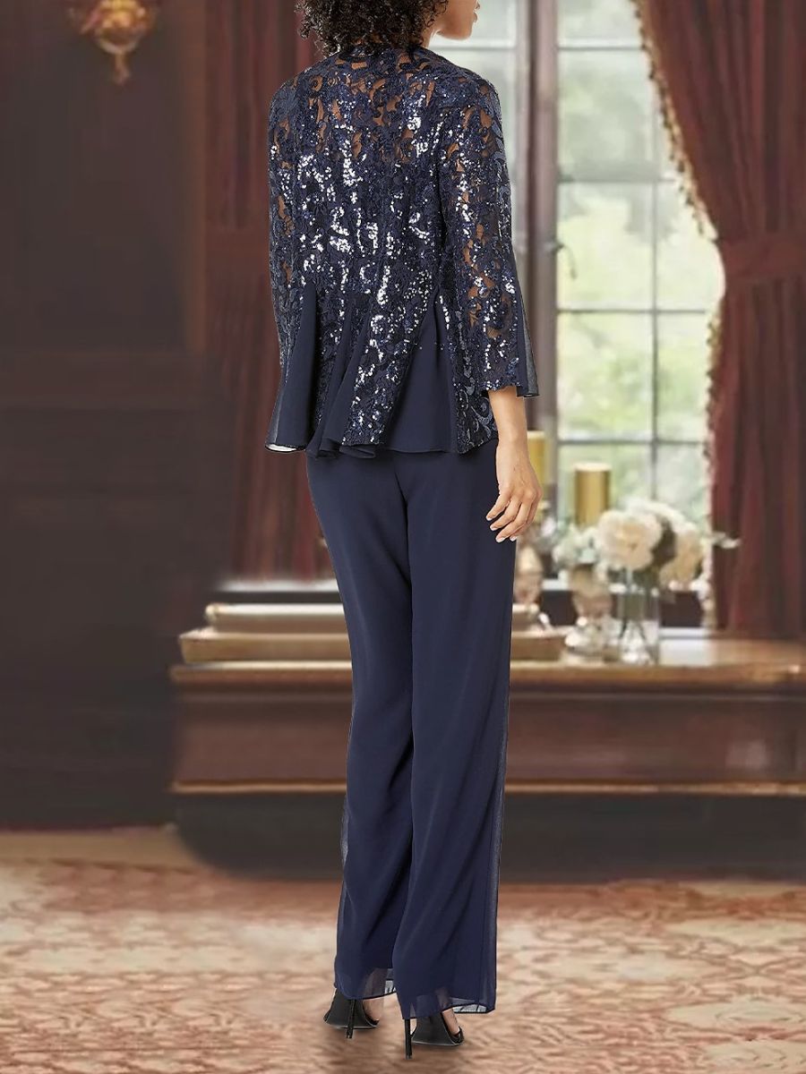 3 Piece Chiffon Square Neck Ankle-Length Mother Of The Bride Pantsuits With Applique