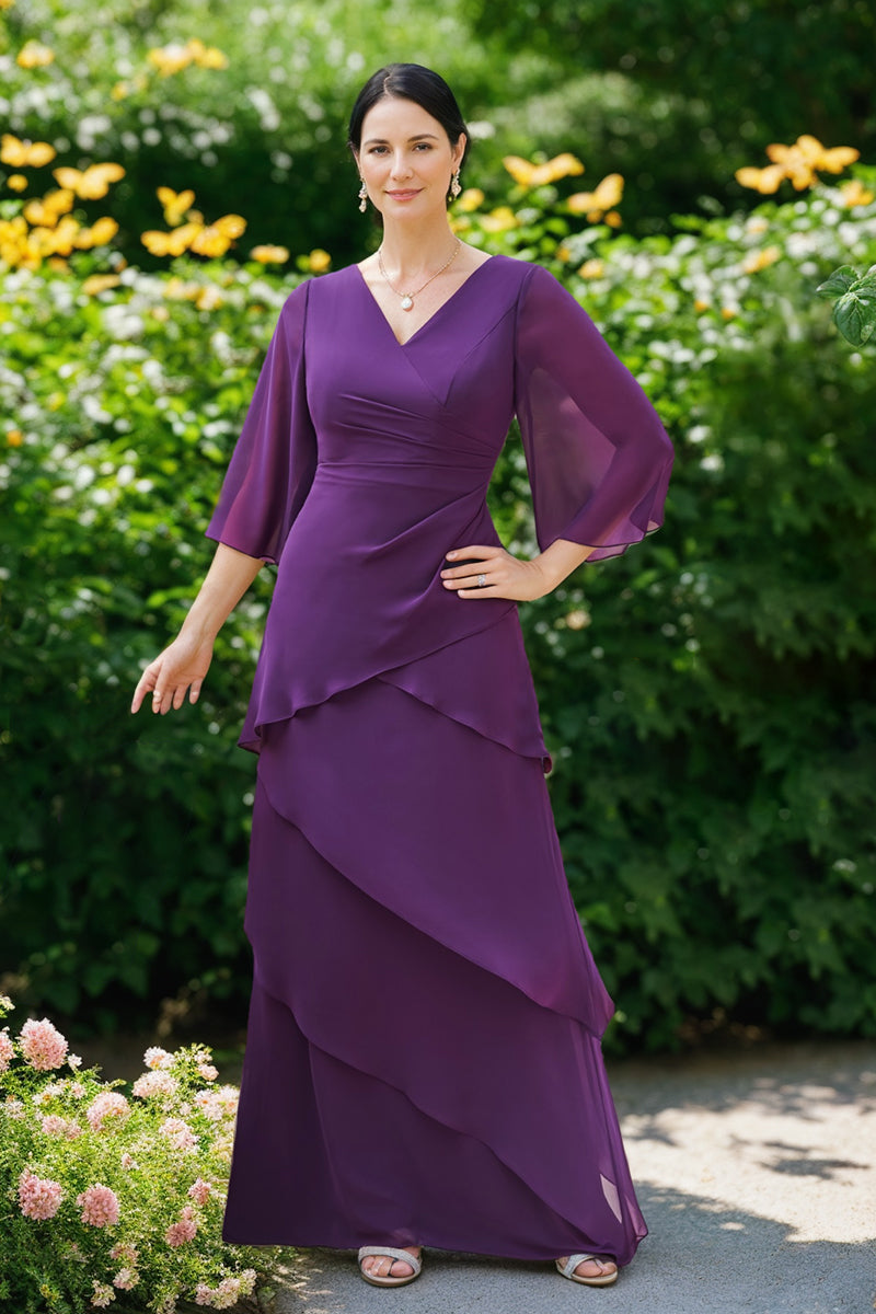 A-Line/Princess V-Neck 3/4 Sleeves Chiffon Mother Of The Bride & Groom Dresses with Ruffles