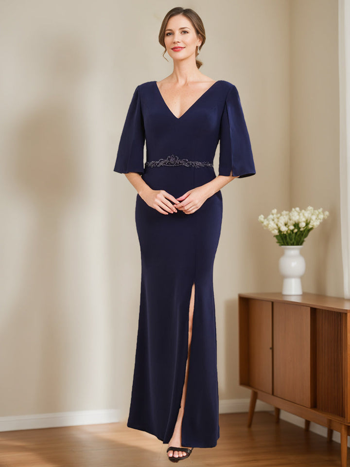 Sheath/Column V-Neck Half Sleeves Mother Of The Bride & Groom Dresses with Appliques & Split Side