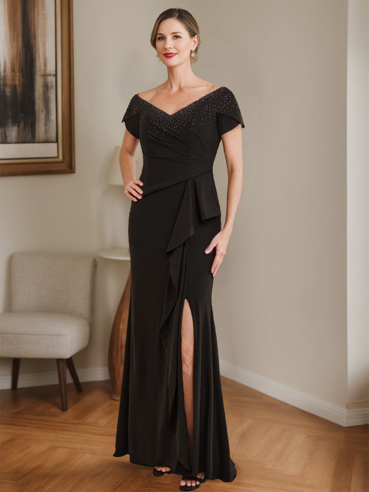 Sheath/Column V-Neck Mother Of The Bride Dresses with Beading & Split Side & Ruffles