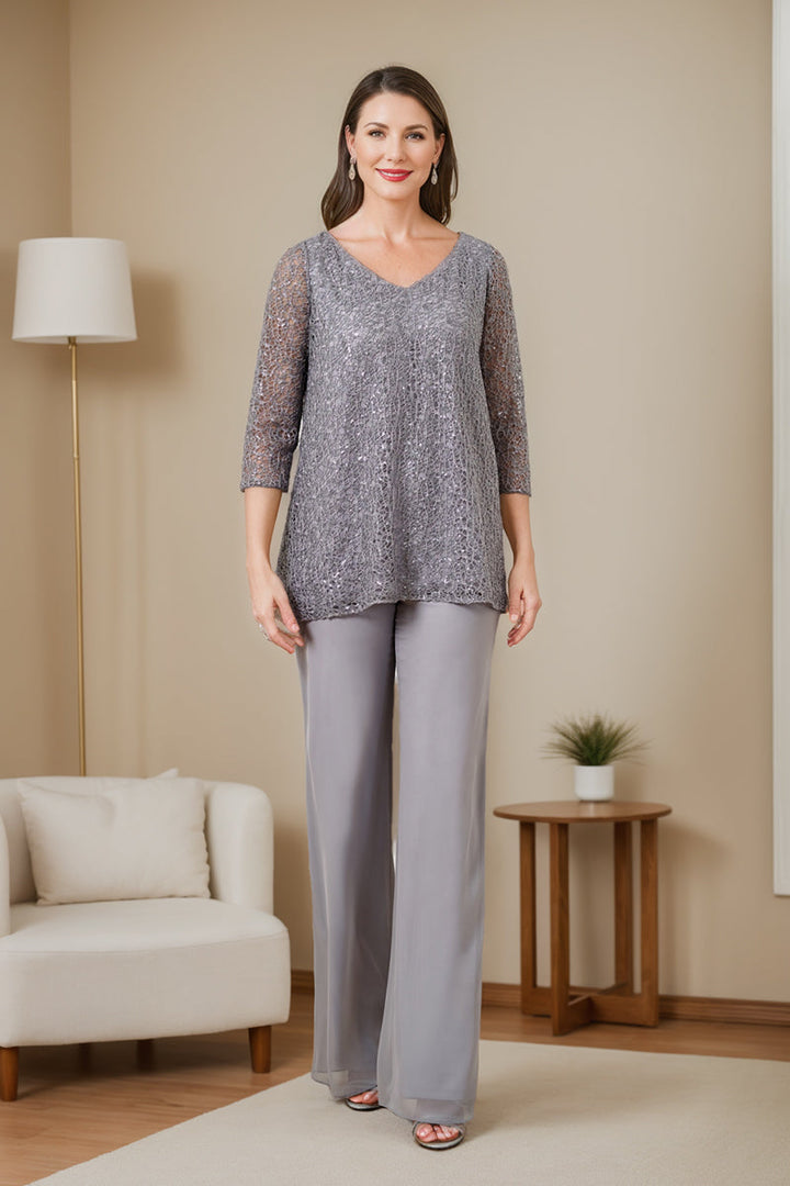 Chiffon V-Neck 3/4 Sleeves Mother of the Bride Pantsuits with Sequins