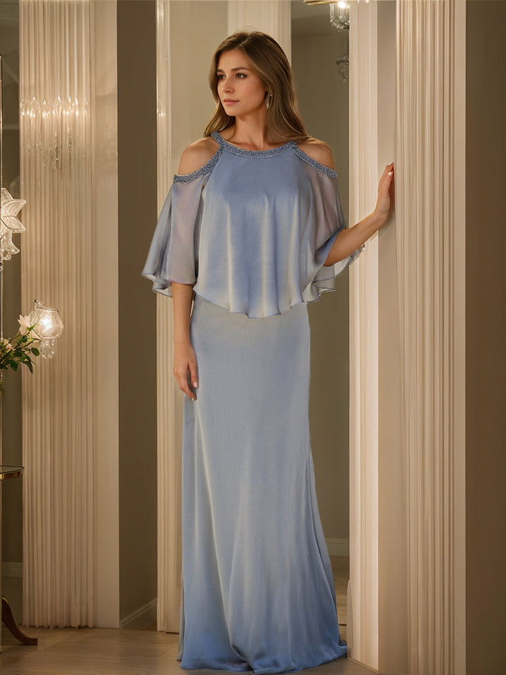 Sheath/Column Cowl Neck Half Sleeves Mother Of The Bride Dresses with Ruffles & Beadings