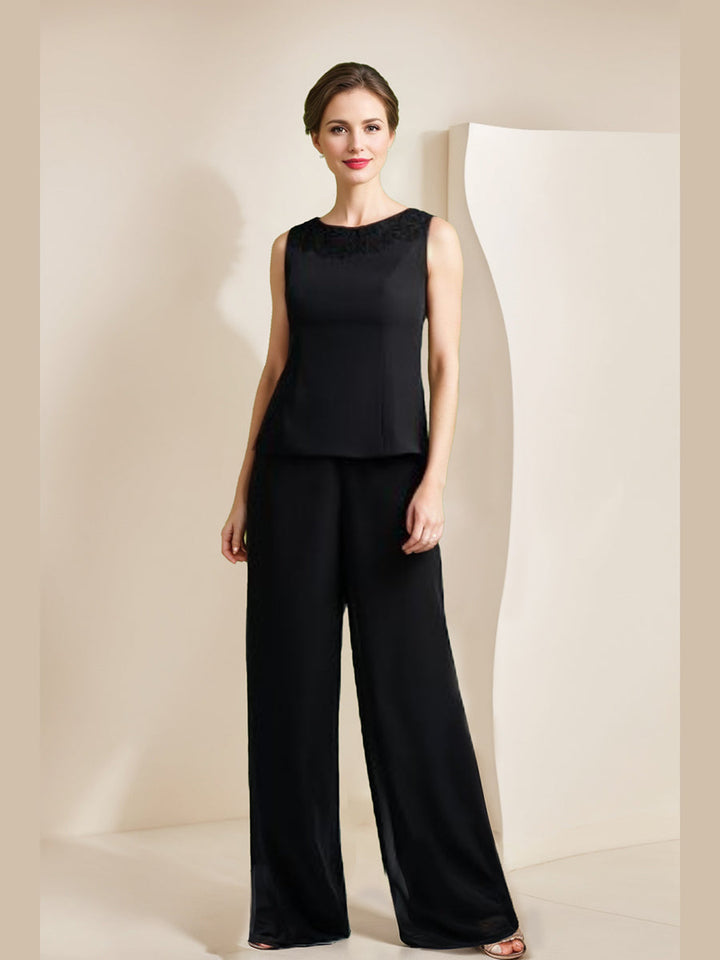 Black Chiffon Scoop 3/4 Sleeves Mother of the Bride Pantsuits with Appliques & Jacket