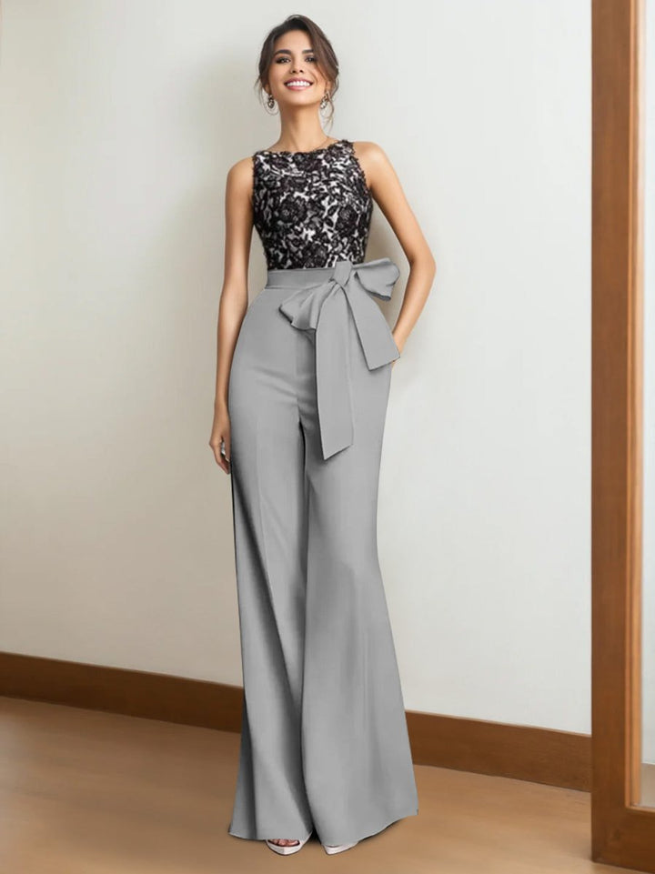 2 Piece Satin Sleeveless Floor Length Mother of the Bride Pantsuits with Lace Appliques & Bow