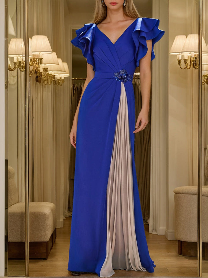 Sheath/Column V-Neck Short Sleeves Pleated Mother of the Bride & Groom Dresses with Crystal & Ruffles