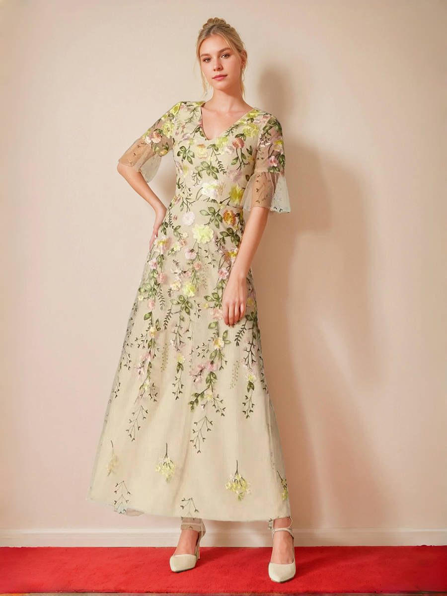 A-Line/Princess V-Neck Short Sleeves Floral Wedding Guest Dresses with Embroidery