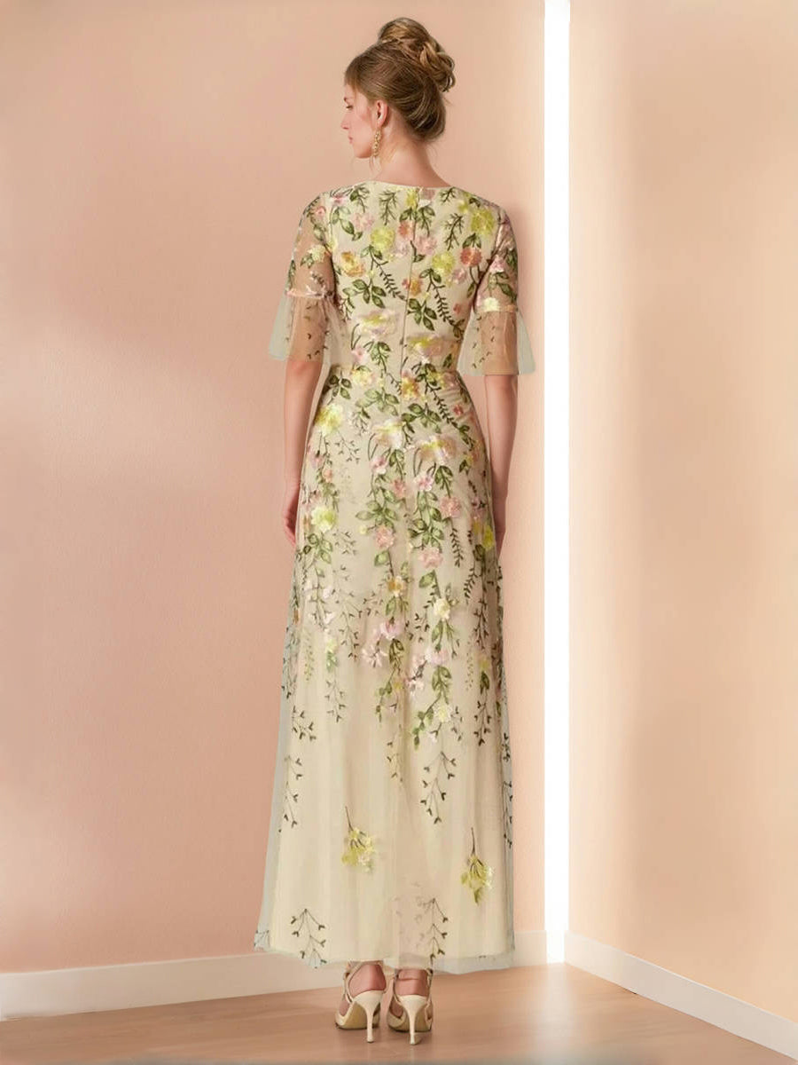 A-Line/Princess V-Neck Short Sleeves Floral Wedding Guest Dresses with Embroidery
