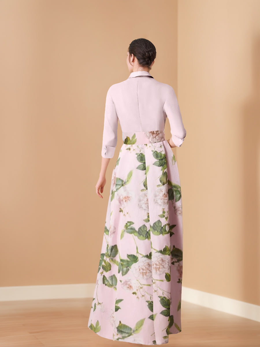 A-Line/Princess V-Neck 3/4 Sleeves Printed Floral Plus Size Mother of the Bride Dresses with Bow Belt