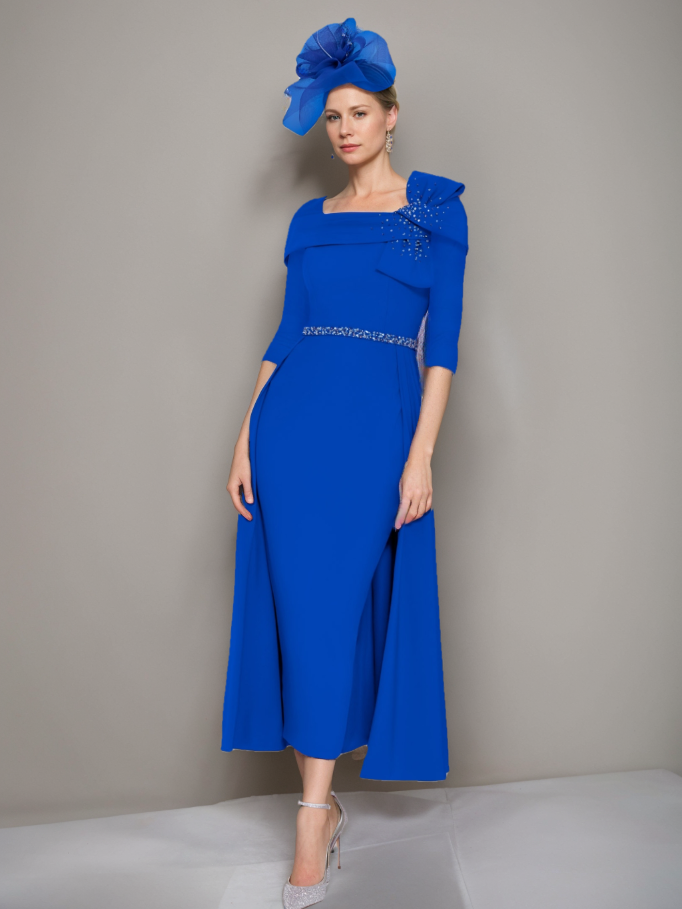 Sheath/Column Square Neck Formal Mother of the Bride & Groom Dresses with Bow & Belt