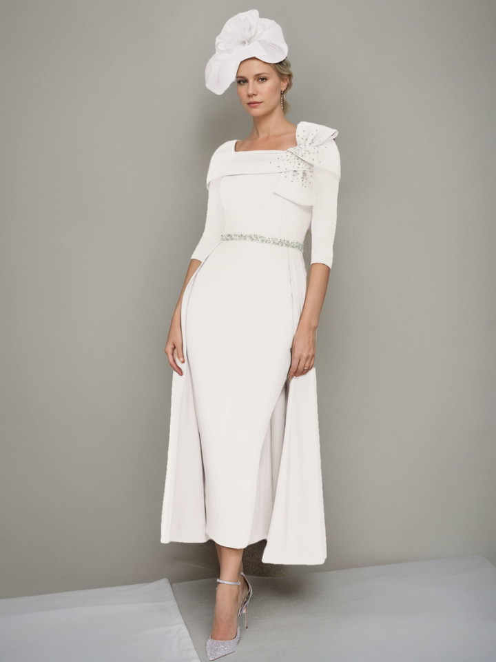 Sheath/Column Square Neck Formal Mother of the Bride & Groom Dresses with Bow & Belt