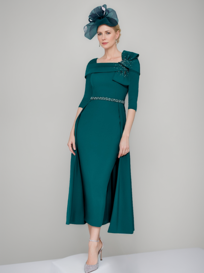 Sheath/Column Square Neck Formal Mother of the Bride & Groom Dresses with Bow & Belt