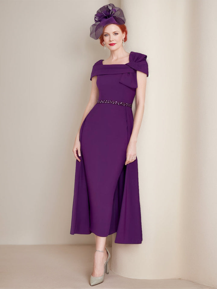 Sheath/Column Square Neck Formal Mother of the Bride & Groom Dresses with Bow & Belt