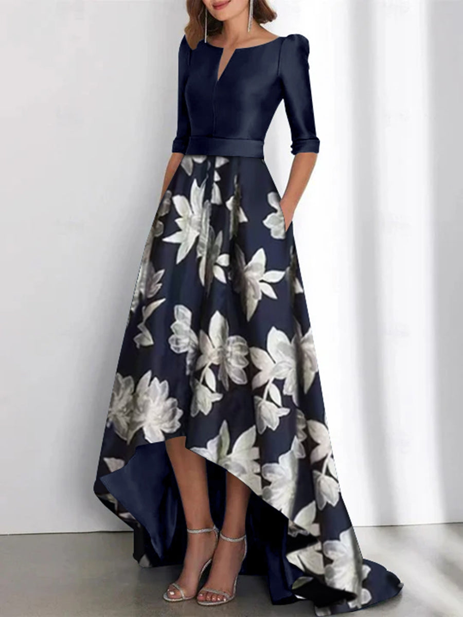 Elegant A-Line Boat Neck Printed Flower Asymmetrical Mother of the Bride & Groom Dresses