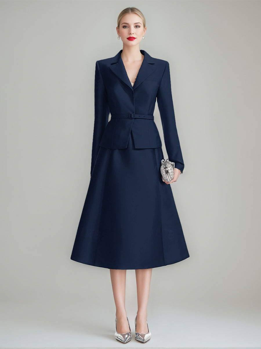 A-Line/Princess V-Neck Long Sleeves Tea-Length Mother of the Bride & Groom Dresses with Belt