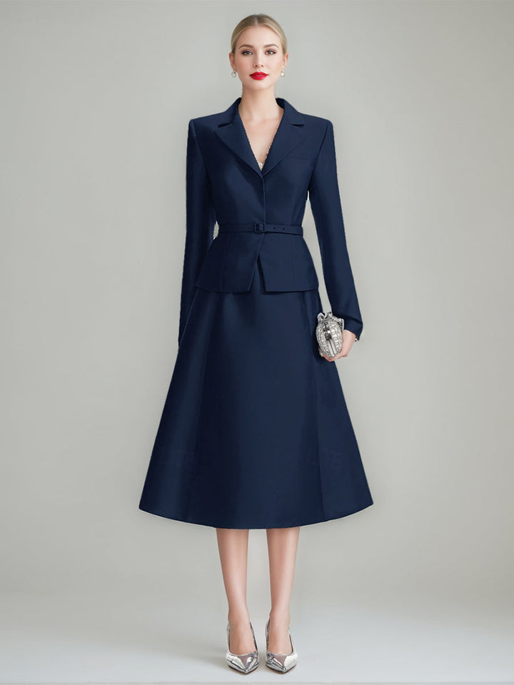 A-Line/Princess V-Neck Long Sleeves Tea-Length Mother of the Bride & Groom Dresses with Belt