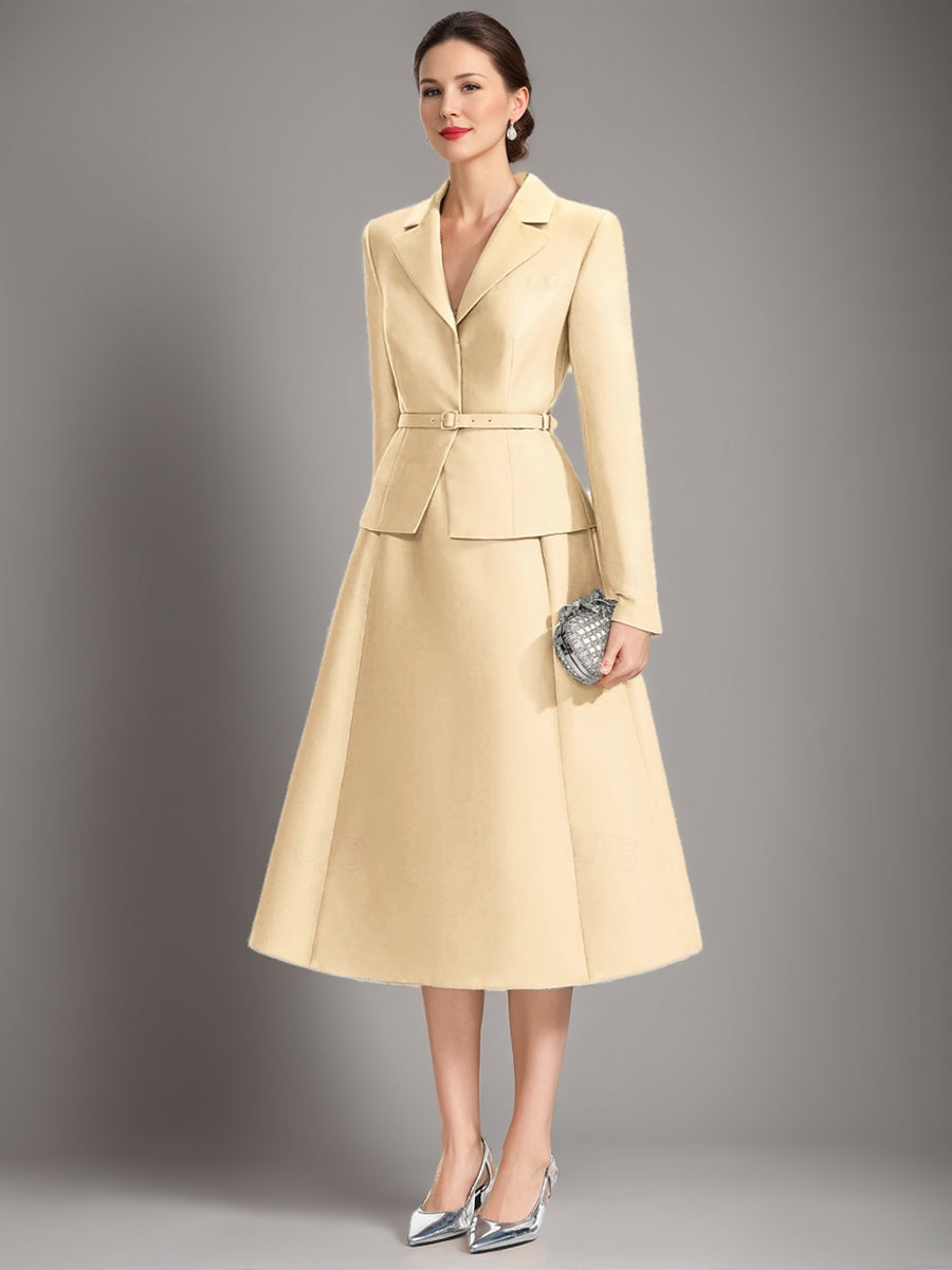 A-Line/Princess V-Neck Long Sleeves Tea-Length Mother of the Bride & Groom Dresses with Belt