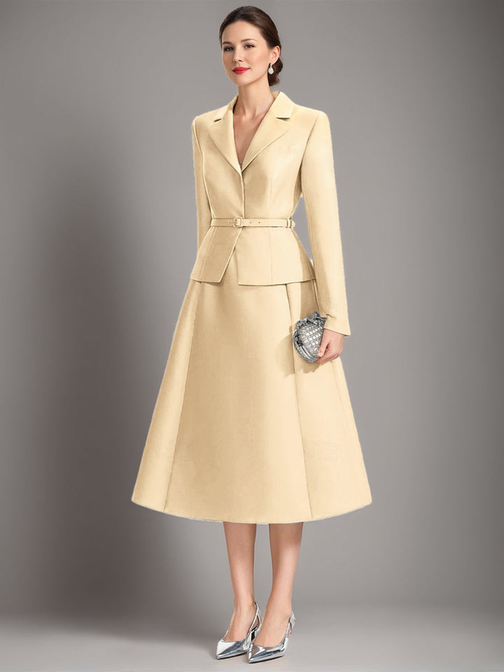 A-Line/Princess V-Neck Long Sleeves Tea-Length Mother of the Bride & Groom Dresses with Belt