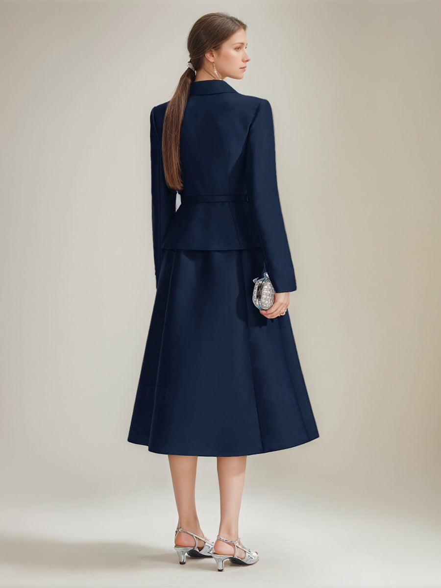 A-Line/Princess V-Neck Long Sleeves Tea-Length Mother of the Bride & Groom Dresses with Belt