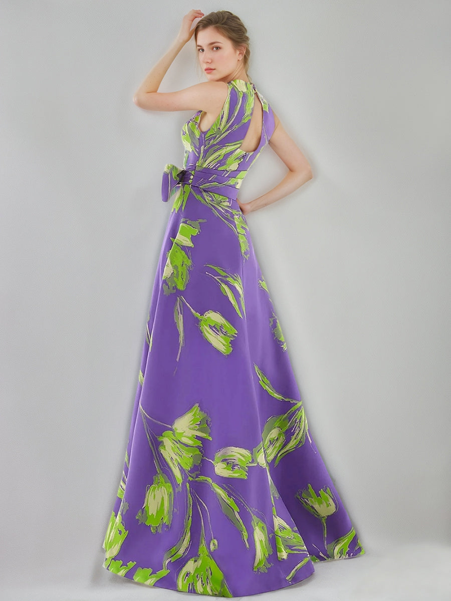 A-Line/Princess V-Neck Sleeveless Printed Floral Mother of the Bride & Groom Dresses with Bow Belt