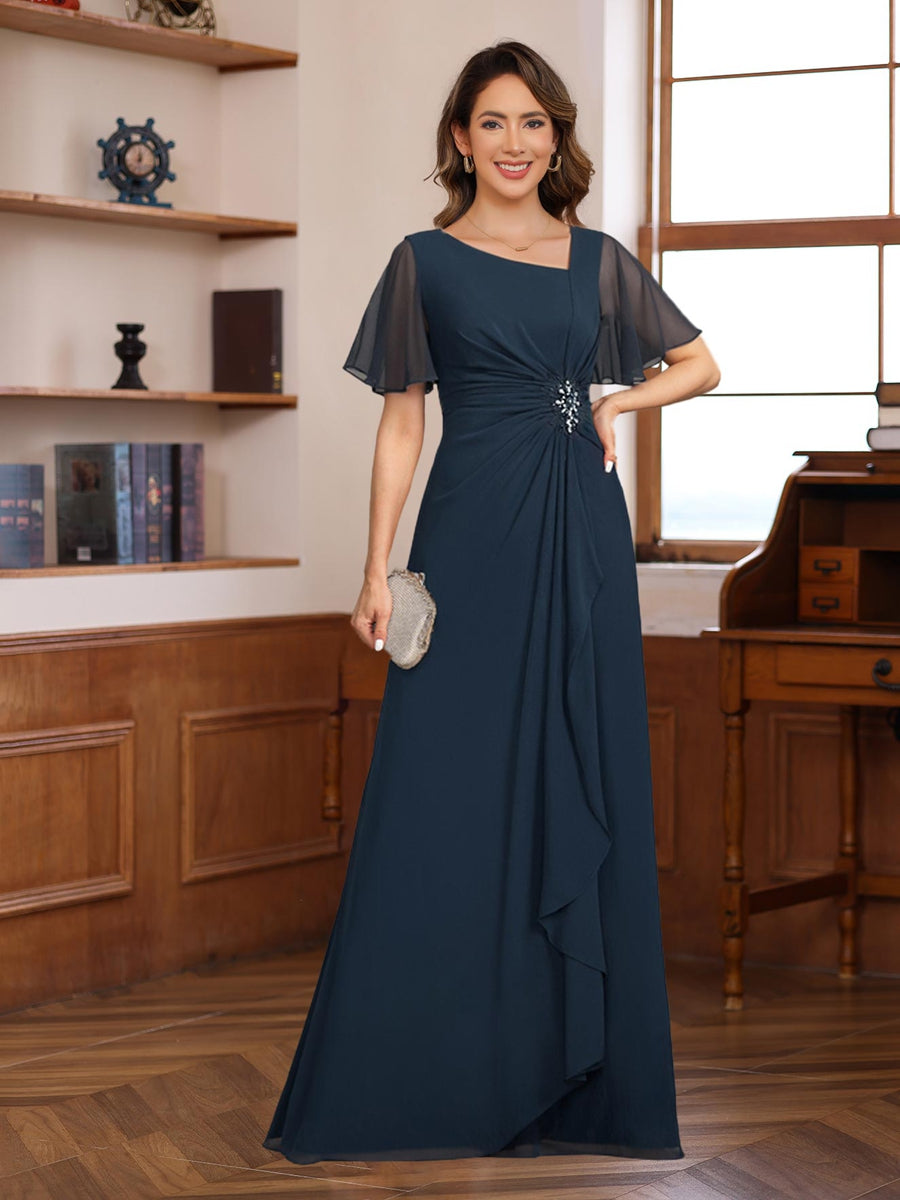 A-Line/Princess V-Neck Short Sleeves Chiffon Mother of the Bride & Groom Dresses with Appliques & Ruffles
