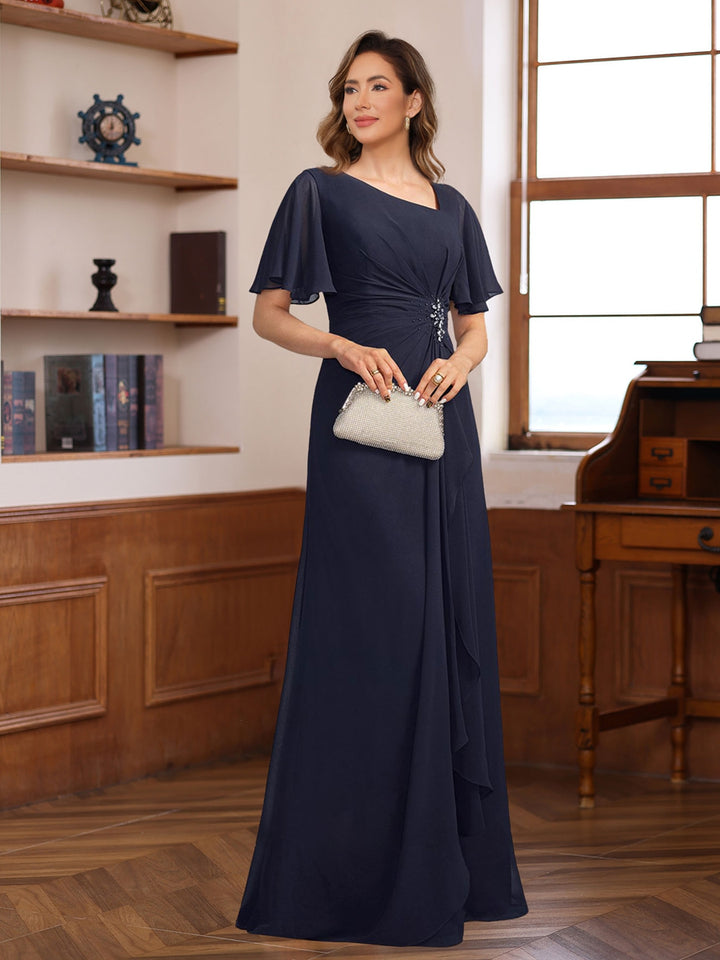 A-Line/Princess V-Neck Short Sleeves Chiffon Mother of the Bride & Groom Dresses with Appliques & Ruffles