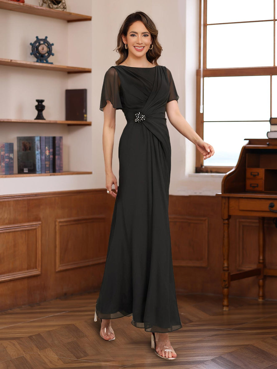 A-Line Scoop Neck Half Sleeves Ankle Length Pleated Mother of the Bride & Groom Dresses with Beadings