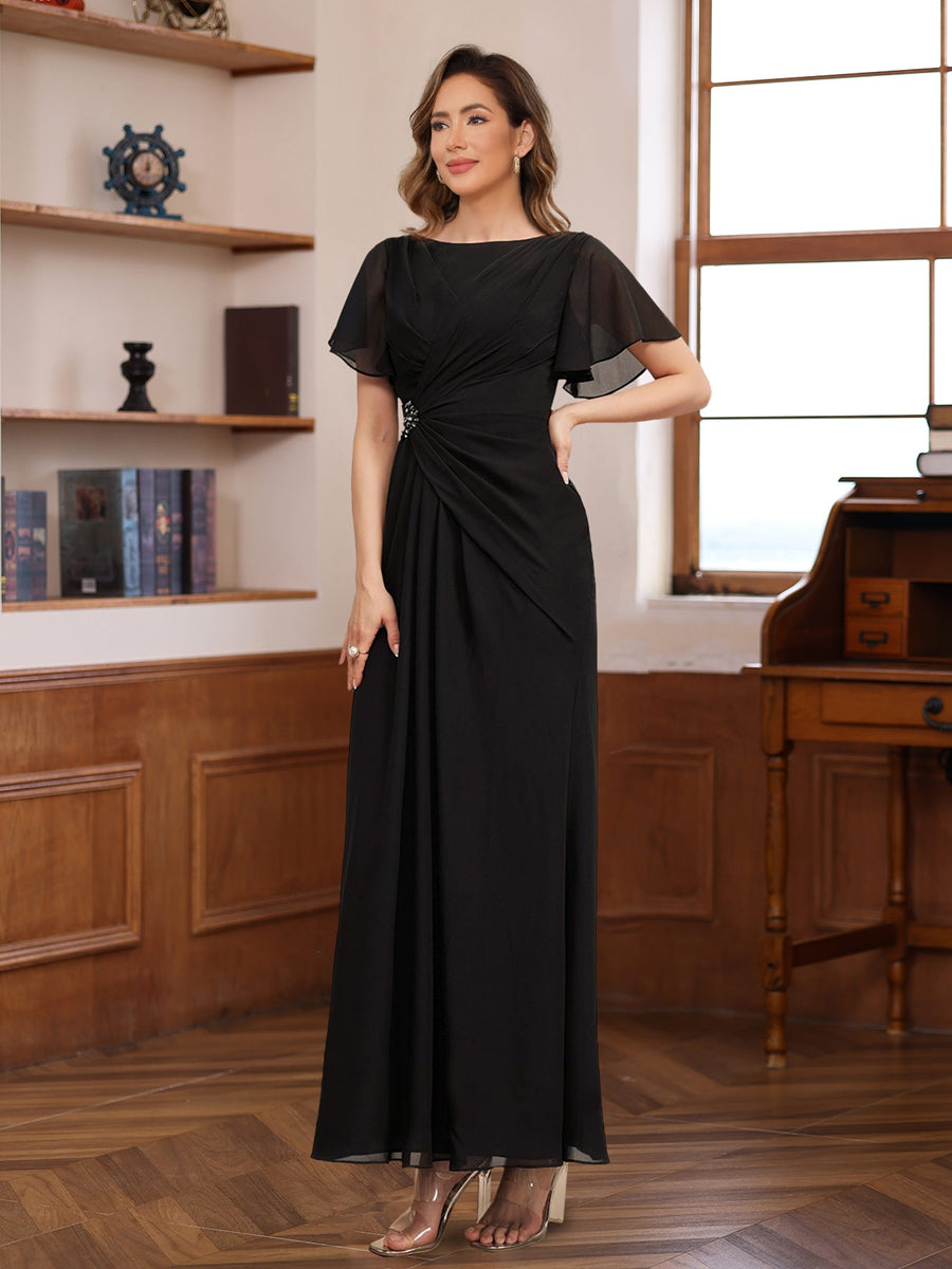 A-Line Scoop Neck Half Sleeves Ankle Length Pleated Mother of the Bride & Groom Dresses with Beadings