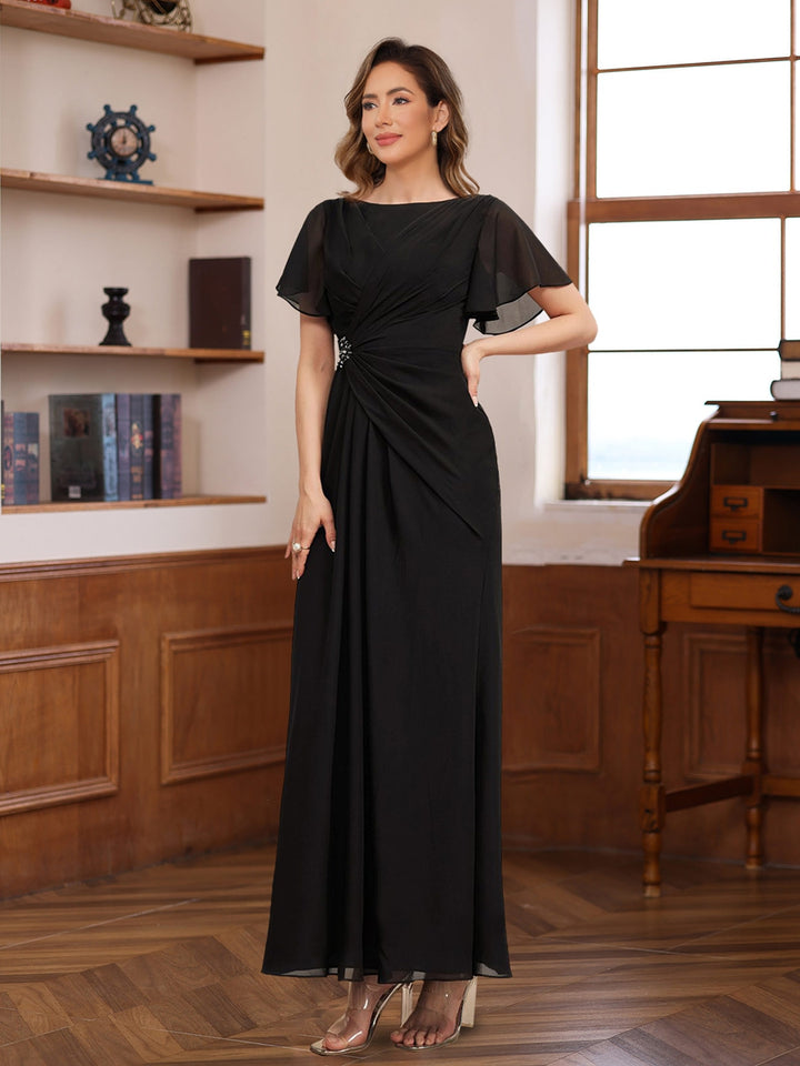 A-Line Scoop Neck Half Sleeves Ankle Length Pleated Mother of the Bride & Groom Dresses with Beadings