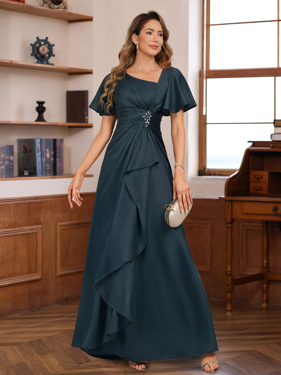 A-Line V Neck Short Sleeves Floor Length Luxurious Mother of the Bride Dresses with Beadings & Sequins