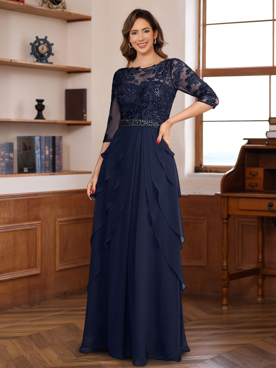 A-Line/Princess 3/4 Sleeves Floor-Length Elegant Mother of the Bride & Groom Dresses with Lace Appliques & Ruffles