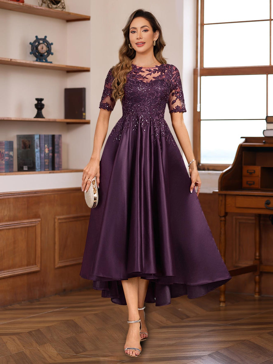 A-Line/Princess Round Neck Short Sleeves Asymmetrical Elegant Mother of the Bride & Groom Dresses with Lace Appliques
