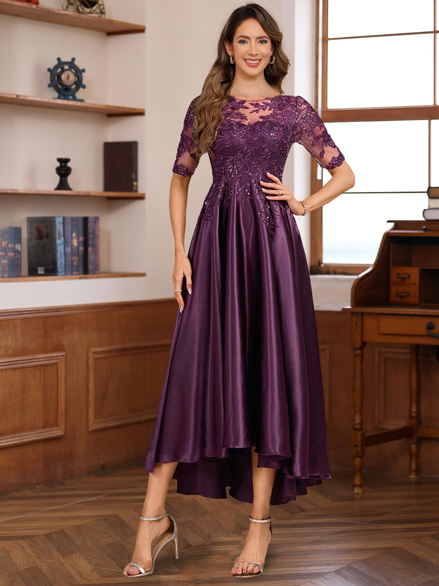 A-Line/Princess Round Neck Short Sleeves Asymmetrical Elegant Mother of the Bride & Groom Dresses with Lace Appliques